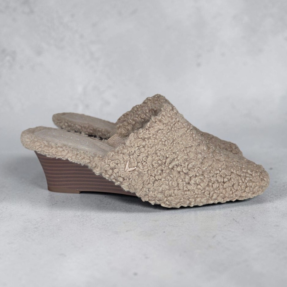 Vivaia Taupe Sherpa Faux Fur Wedge Mules Square Toe Slip On Shoes Size 36